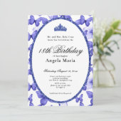 Invitation Blue Butterflies Glam 18th Birthday Debut (Debout devant)