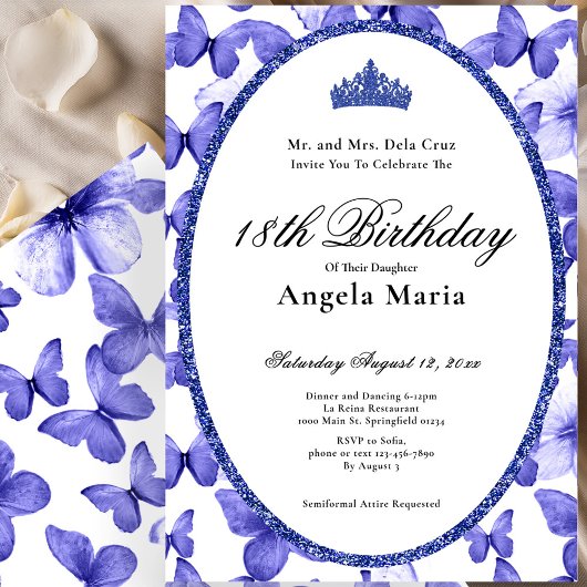 Invitation Blue Butterflies Glam 18th Birthday Debut