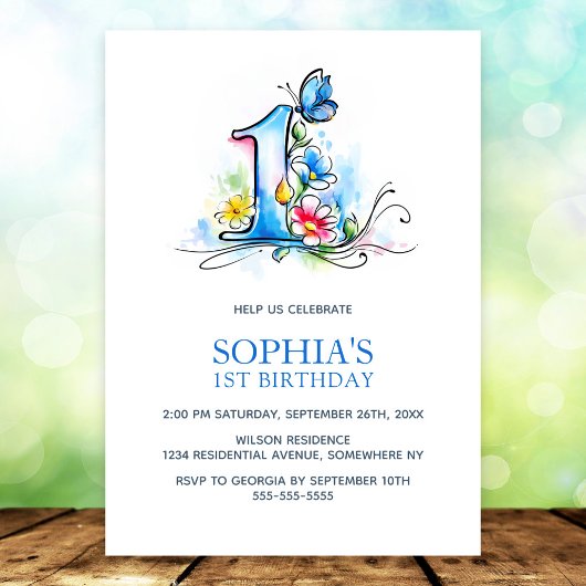 Invitation Blue Butterfly Flowers 1st Birthday Party