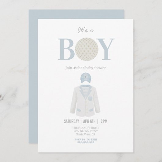 Invitation Blue c’est un garçon golf thème baby shower invita (Devant / Derrière)