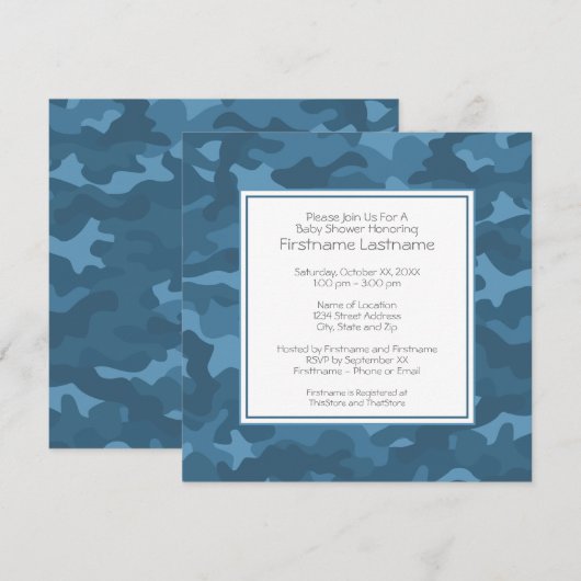 Invitation Blue Camo Baby Boy Douche ou fête (Devant / Derrière)