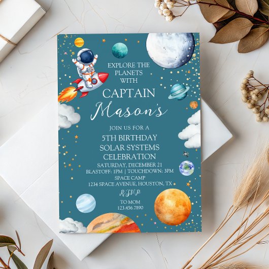 Invitation Blue Captain Rocket Solar System Adventure Kids 