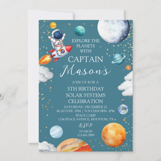 Invitation Blue Captain Rocket Solar System Adventure Kids  (Devant)