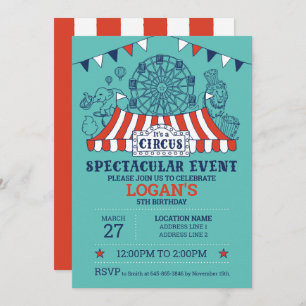 Invitation Blue Carnival Circus Baby Birthday Kids HouseParty