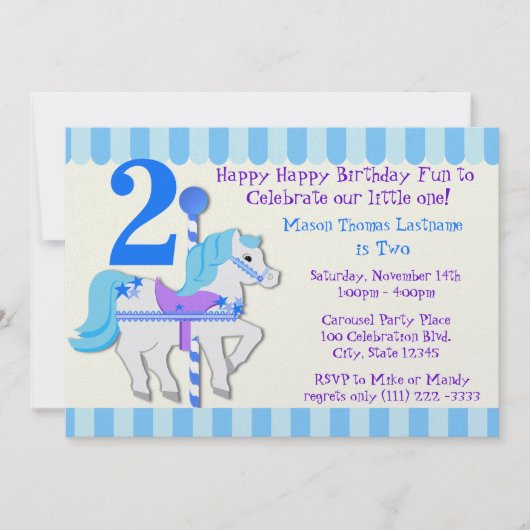 Invitation Blue Carousel Pony 2e fête d'anniversaire (Devant)