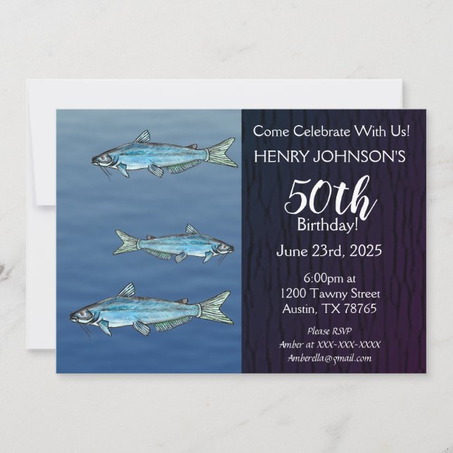 Invitation Blue Catfish Pêche à thème Anniversaire (Devant)
