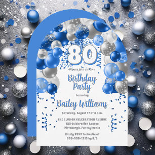 Invitation Blue Celebration Balloons 80e Anniversaire