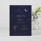Invitation Blue Celestial Gold Moon Stars Photo QR Mariage (Debout devant)