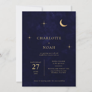 Invitation Blue Celestial Gold Moon Stars Photo QR Mariage