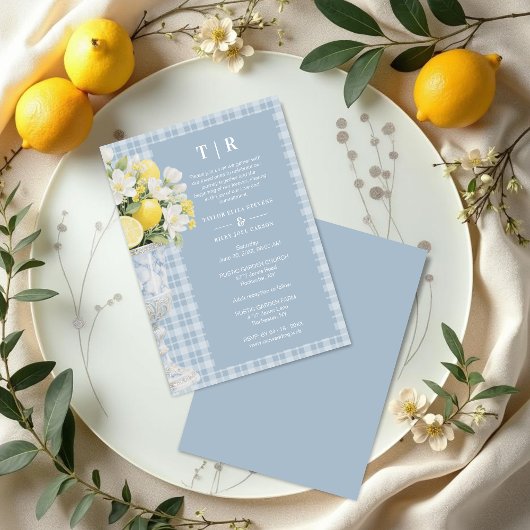 Invitation Blue Chalice Vase Mediterranean Lemons & Flowers