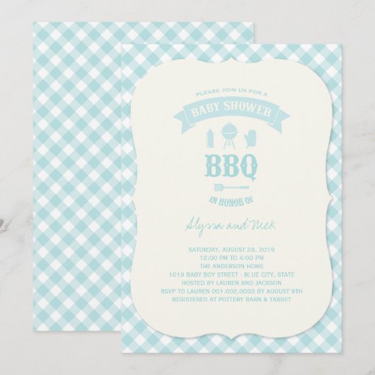 Invitation Blue Checks BBQ Boy Baby shower Summer Party (Devant / Derrière)