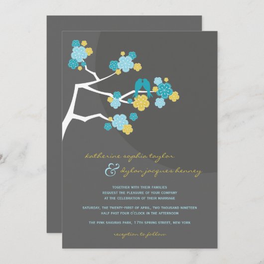 Invitation Blue Cherry Blossoms Inséparables Mariage Invitati (Devant / Derrière)