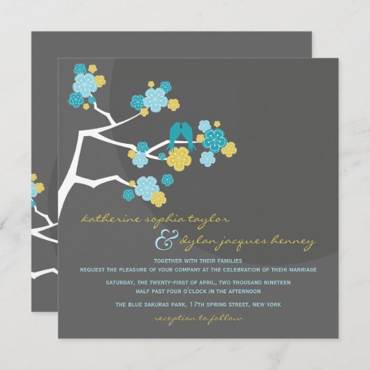 Invitation Blue Cherry Blossoms Inséparables Mariage Invitati (Devant / Derrière)