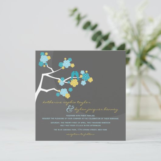 Invitation Blue Cherry Blossoms Inséparables Mariage Invitati (Debout devant)