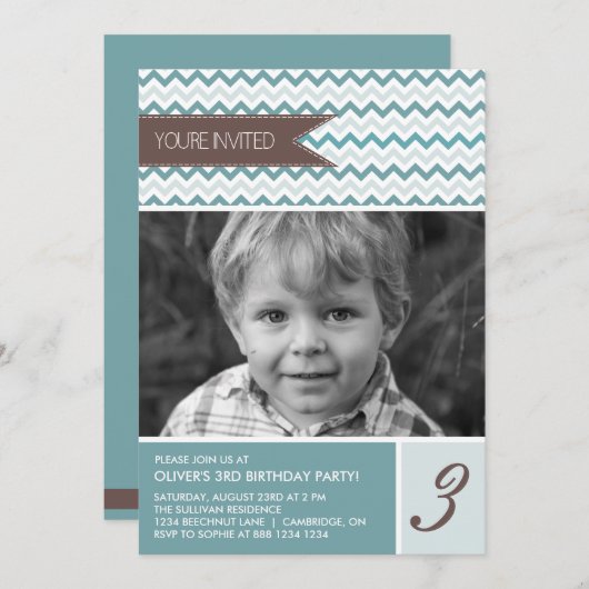 Invitation Blue Chevron Mod Photo Anniversaire Fête Invitatio (Devant / Derrière)