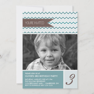 Invitation Blue Chevron Mod Photo Anniversaire Fête Invitatio