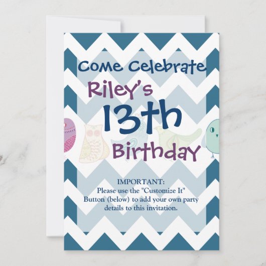 Invitation Blue Chevron Stripes Whimsical Cute Birds Owds (Devant)