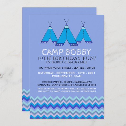 Invitation Blue Chevron Tipi, Camping Anniversaire (Devant / Derrière)