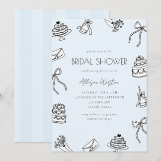 Invitation Blue Chic Bows Cakes and Champagne Bridal Shower
