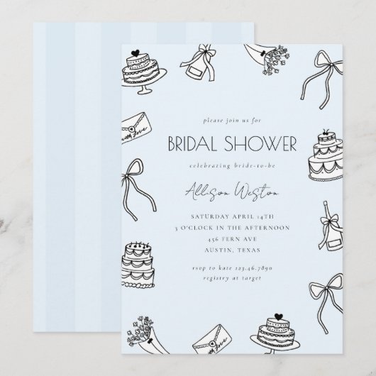 Invitation Blue Chic Bows Cakes and Champagne Bridal Shower (Devant / Derrière)