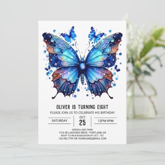 Invitation Blue Chic Butterfly Boy Anniversaire (Debout devant)