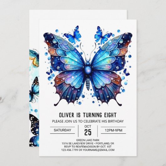 Invitation Blue Chic Butterfly Boy Anniversaire (Devant / Derrière)