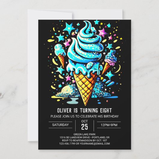 Invitation Blue Chic Custom Boy Crème glacée Anniversaire (Devant)