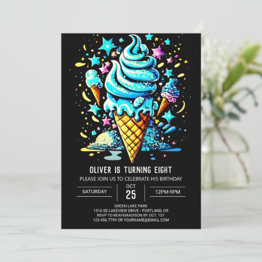 Invitation Blue Chic Custom Boy Crème glacée Anniversaire (Debout devant)