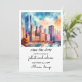 Invitation blue chicago mariage skyline enregistrer la date (Debout devant)