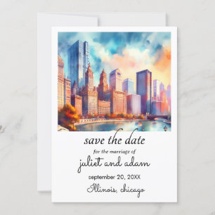 Invitation blue chicago mariage skyline enregistrer la date