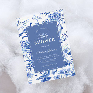 Invitation Blue Chinoiserie Asiatique Baby shower Vintage