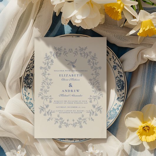 Invitation Blue Chinoiserie Floral Botanique Mariage
