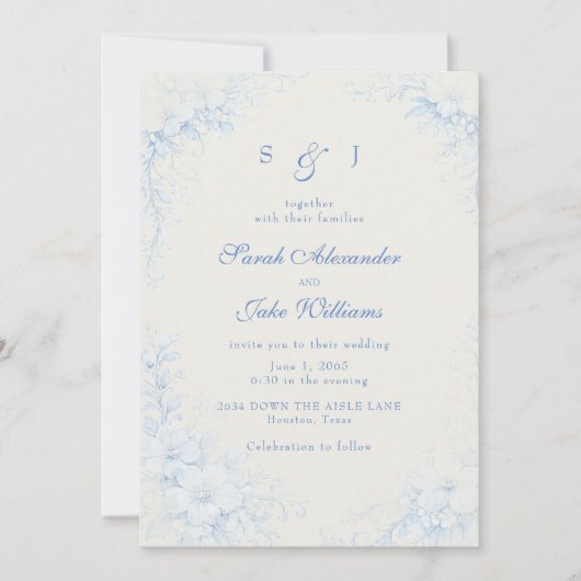 Invitation Blue Chinoiserie Floral Cream Wedding (Devant)