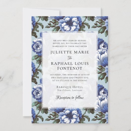Invitation Blue Chinoiserie Floral tout en un Mariage (Devant)