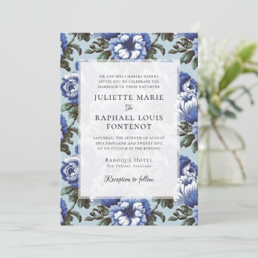 Invitation Blue Chinoiserie Floral tout en un Mariage (Debout devant)