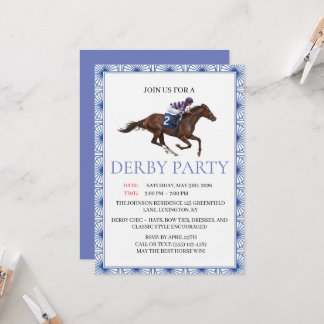 Invitation Blue Chinoiserie Horse Race Derby Party Invite