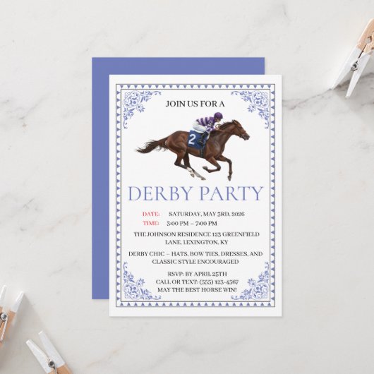 Invitation Blue Chinoiserie Horse Race Derby Party Invite (Devant/Arrière en situation)