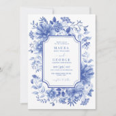 Invitation Blue Chinoiserie Porcelain Botanique Peony Mariage (Devant)