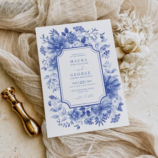 Invitation Blue Chinoiserie Porcelain Botanique Peony Mariage