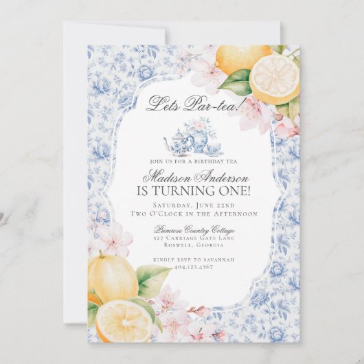 Invitation Blue Chinoiserie Tea Party Anniversaire Toile (Devant)