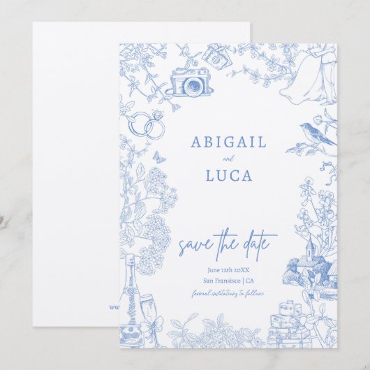 Invitation Blue Chinoiserie Toile de Jouy Mariage Date de sau (Devant / Derrière)