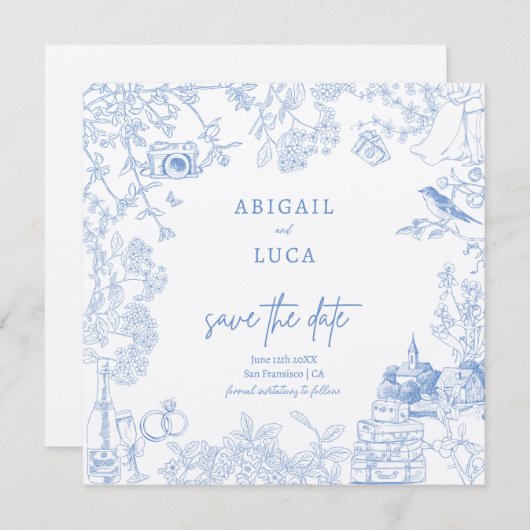 Invitation Blue Chinoiserie Toile de Jouy Mariage Date de sau (Devant / Derrière)