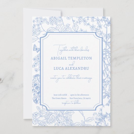 Invitation Blue Chinoiserie Toile de Jouy Mariage Date de sau (Devant)