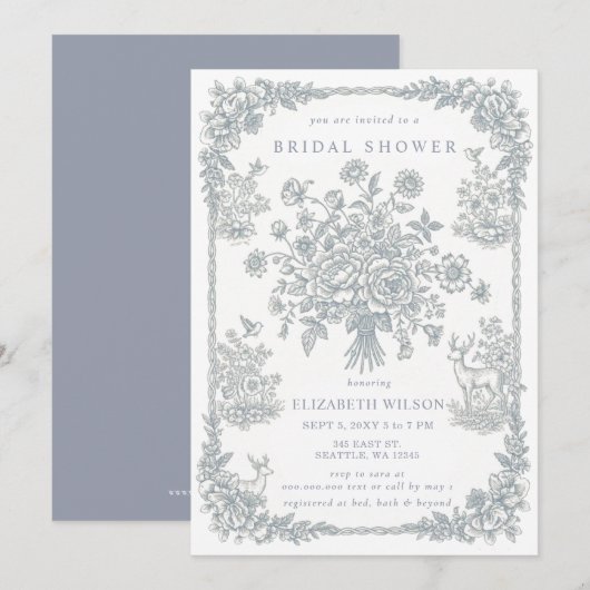 Invitation Blue Chinoiserie Toile Floral Bridal Shower (Devant / Derrière)