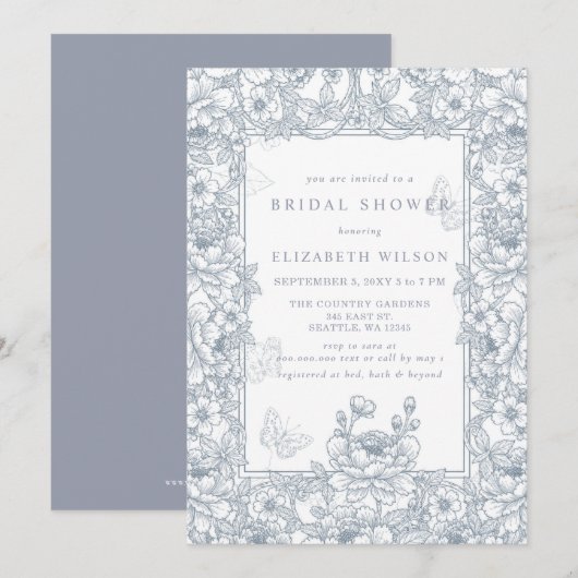 Invitation Blue Chinoiserie Toile Floral Bridal Shower (Devant / Derrière)