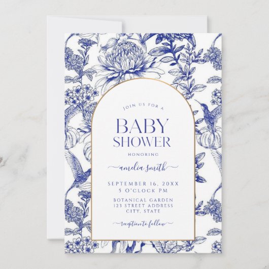 Invitation Blue Chinoiserie Victorian Floral baby shower (Devant)