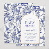 Invitation Blue Chinoiserie Victorian Floral baby shower (Devant / Derrière)