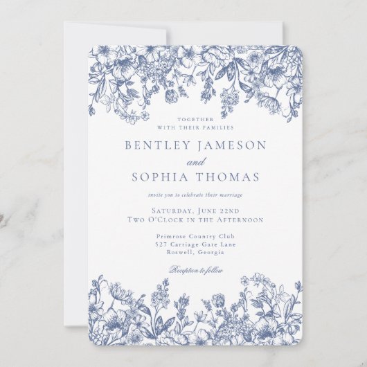 Invitation Blue Chinoiserie Vintage Floral Mariage (Devant)