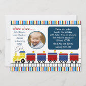 Invitation blue choo choo train premier anniversaire photo in (Devant)