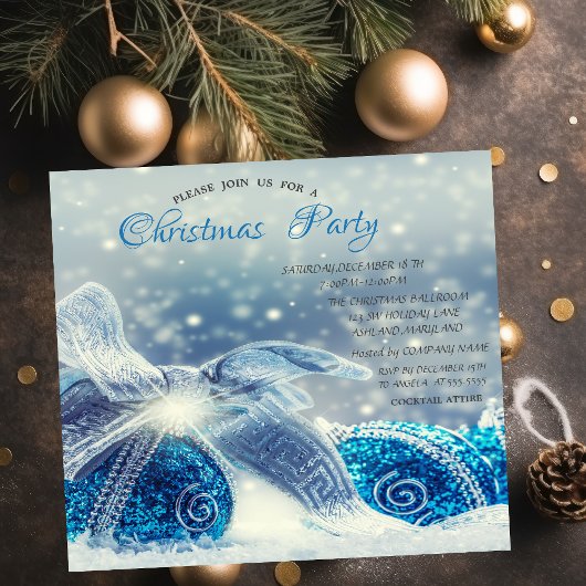 Invitation Blue Christmas Balls Entreprise Noël